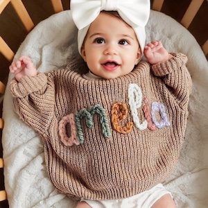 Personalized Hand embroidered Name Baby Sweater,Custome Baby Name Sweater,Pink Baby Girls Sweater With Name,Birthday Gift For Baby Girls Boy