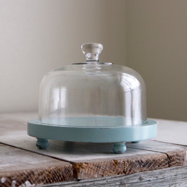 Vintage seamist blue wood cheese display tray, with glass dome