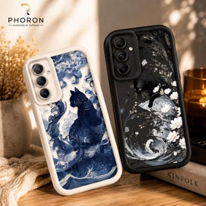 Coque de téléphone chat noir, vagues bleues ou fleurs monochromes, étui artistique avec protection caméra, cadeau original