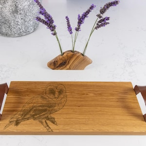 Solid European Oak Serving Tray with Leather Handles | Barn Owl Engraving | Country Collection