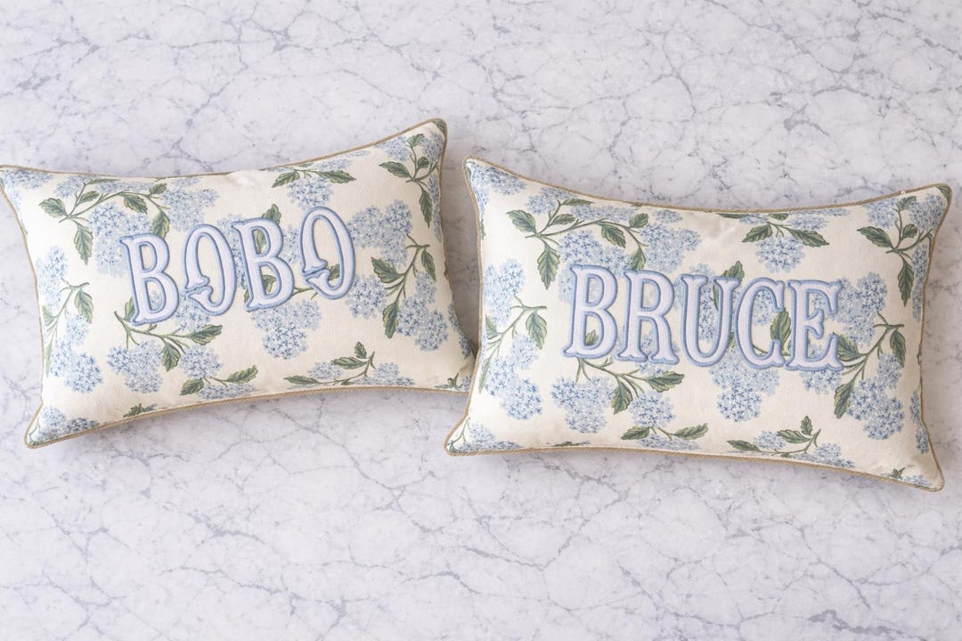 Custom Hydrangea Monogram Pillow | Personalized Blue Floral Lumbar Pillow | Preppy Cottage Decor | Grandmillenial Gift - Single Letter