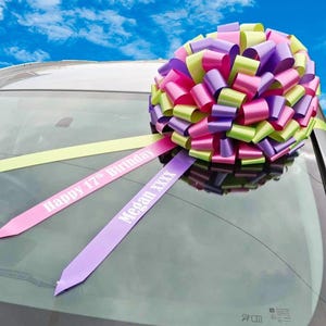 May include: A large, multi-coloured car bow with ribbons. The bow is made of pink, purple, green, and yellow ribbons. Two ribbons extend from the bow, one reads "Happy 17th Birthday" and the other reads "Megan xxxx".