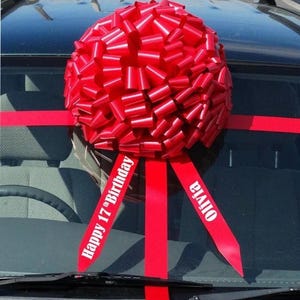 May include: A vibrant red bow is attached to the bonnet of a black car. Red ribbons with the text "Happy 17th Birthday" and "Olivia" are part of the decoration. The bow is made of numerous small, folded red pieces.