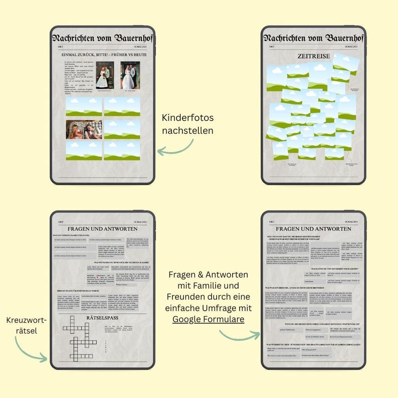 May include: Four digital newspaper layouts with the headline "Nachrichten vom Bauernhof". The layouts include sections for photos, questions, answers, and a crossword puzzle. The text includes "Kinderfotos nachstellen" and "Fragen & Antworten".