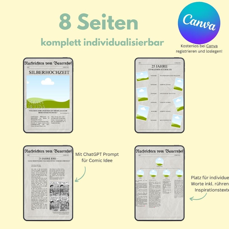 May include: An advertisement for a Canva template with the text "8 Seiten komplett individualisierbar." The template features mockups of newspaper-style layouts on tablets. The Canva logo is in the upper right corner, with text promoting free registration.