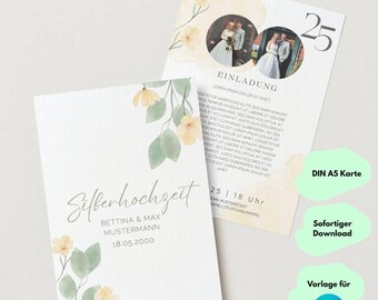 Wedding invitation template, digital invitation, silver wedding, birthday, confirmation invitation card template Canva
