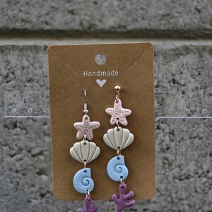 Ocean Charm Dangle Earrings – Handmade Pastel Polymer Clay Beach Jewelry – Starfish, Shell, Spiral & Coral