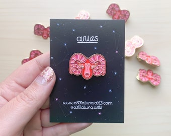 Aries Enamel Pin: Zodiac Ram, Pink & Red Astrology Accessory