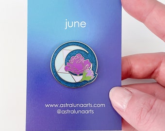 June Pin, Enamel Pin,  Lapel Pin, Birth Month, Pin, Gift for Her, Birthstone Gift, Gift for June Babies, Moonstone and Roses