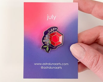 July Pin, Enamel Pin,  Lapel Pin, Birth Month, Pin, Gift for Her, Birthstone Gift, Gift for July Babies, Ruby and Larkspur