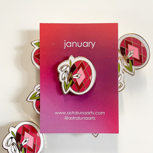 January Pin, Enamel Pin,  Lapel Pin, Birth Month, Pin, Gift for Her, Birthstone Gift, Gift for January Babies, January, Garnet and Snowdrop