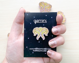 Gemini Zodiac Pin: Gold Enamel Lapel Pin - Twins Symbol