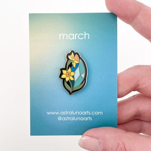 March Pin, Enamel Pin, Lapel Pin, Birth Month, Pin, Gift for Her, Birthstone Gift, Gift for March Babies, Aquamarine and Daffodils image 1