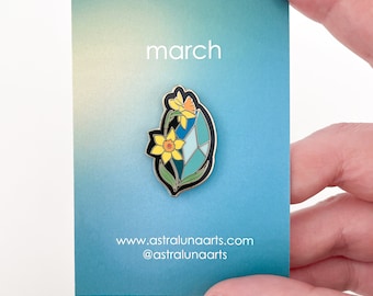 March Pin, Enamel Pin,  Lapel Pin, Birth Month, Pin, Gift for Her, Birthstone Gift, Gift for March Babies, Aquamarine and Daffodils