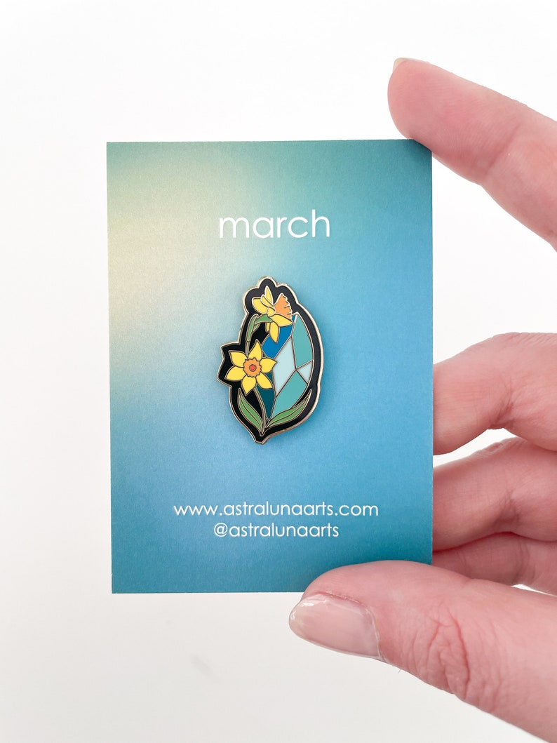 March Pin, Enamel Pin, Lapel Pin, Birth Month, Pin, Gift for Her, Birthstone Gift, Gift for March Babies, Aquamarine and Daffodils image 1