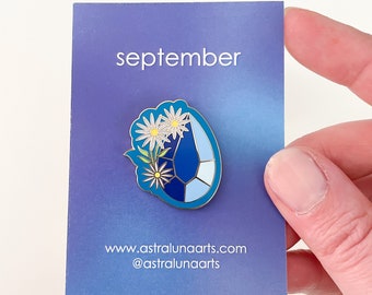 September Birthstone Enamel Pin: Sapphire & Aster Flower