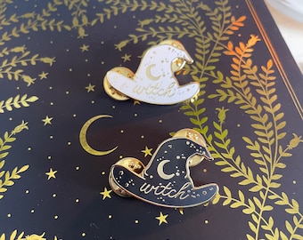 Witch Hat Enamel Pin – Celestial Black & White Design