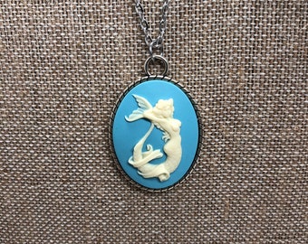 Blue and Ivory Mermaid Cameo necklace // Blue mermaid cameo pendant necklace