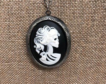 Skeleton Lady Cameo Locket Necklace