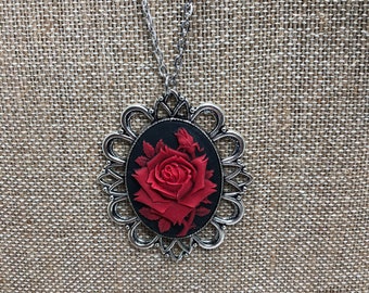 Large red rose cameo necklace