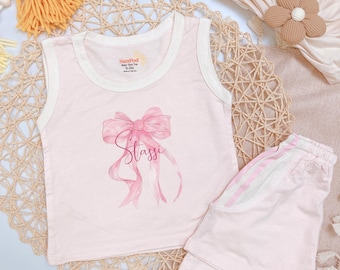Personalized Pink Bow Tank Top Set: Custom Name Baby Outfit