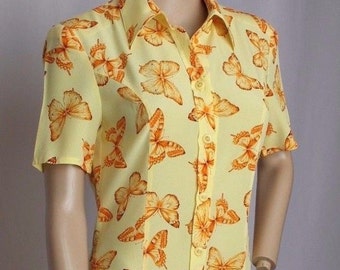 Vintage 80's Escada Amarillo Naranja Mariposa Insecto Estampado Pura Seda Grunge Vestido 34