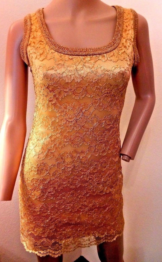 Vintage 90's Emanuel Ungaro Gold Lame Metallic Lace Cocktail Mini Dress Xs S