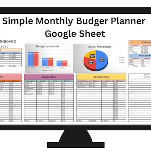 Può includere: Un monitor di computer mostra un "Simple Monthly Budget Planner" in Google Sheets. Lo schermo mostra un dashboard del budget per gennaio 2025, con sezioni per entrate, bisogni, desideri e risparmi. Sono inclusi grafici e tabelle.