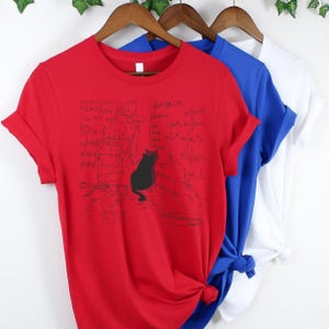 Puede incluir: Camiseta roja con un gato negro y ecuaciones científicas. La imagen también muestra camisetas azules y blancas en perchas de madera. El gato está representado de espaldas.