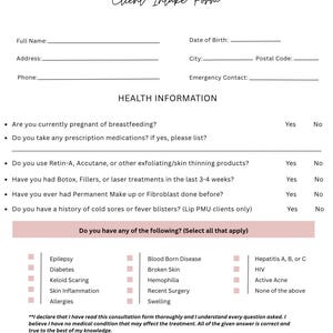 Puede incluir: Un formulario de admisión para maquillaje permanente, con secciones para información personal, historial de salud y una declaración. El formulario incluye preguntas sobre embarazo, medicamentos e historial médico. Texto negro sobre fondo blanco.