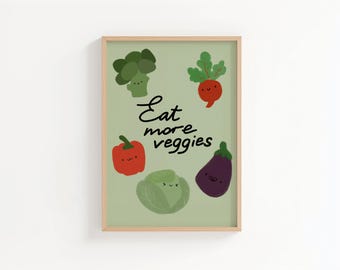 Eat More Veggies Art Print, Kitchen Illustration A4