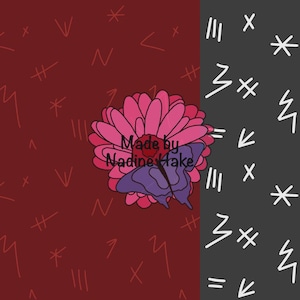 May include: A split-background graphic featuring a deep red left side with thin red line symbols and a dark gray right side with white line symbols. Centered is a pink flower with a purple butterfly and the text Made by Nadine Hake.