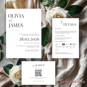 Pacchetto di inviti di nozze minimalisti / Elegante biglietto RSVP e dettagli in bianco e nero con codice QR / Modello stampabile e modificabile / Scarica