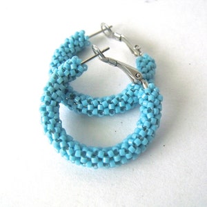 May include: A pair of light blue beaded hoop earrings with silver metal clasps.