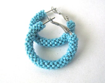 Turquoise blue hoop earrings bead woven glass seed bead earrings