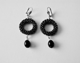 Charcoal black beaded hoop earrings, with black agate dangles, glass woven seed beadwork jewelry