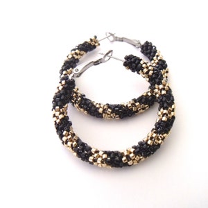 Black and gold hoop earrings seed beaded woven glass earrings