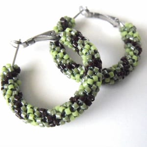 Brown and green hoop earrings beaded glass woven hoop earrings 1.25"