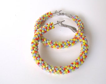 Beaded hoop earrings glass multicolor woven seed bead earrings