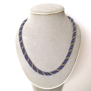 Silver blue beaded rope necklace woven glass spiral seed bead necklace