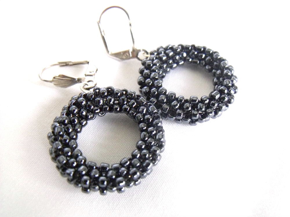 Small Black Hoop Earrings, Woven Black Beaded Hoops, Casual Jewelry