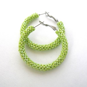 Yellow green hoop earrings woven beaded glass seed bead hoop earrings