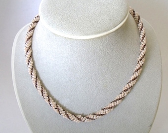 Creamy beige and bronze seed bead necklace bead woven glass jewelry