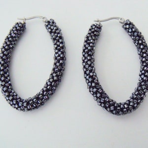 Metallic black U-shaped oval beaded hoop earrings, woven glass seed bead earrings 2.00&quot; long