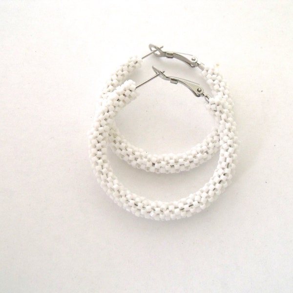 Pure white hoop earrings woven beaded glass earrings