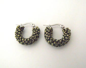 Small beaded olive green hoop earrings woven beaded glass earrings