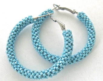 Turquoise blue hoop earrings bead woven seed bead earrings