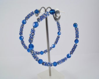 Crystal blue hoop earrings beaded woven glass crystal beaded hoops