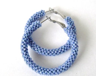 Powder blue hoop earrings beaded glass woven blue earrings