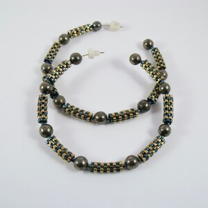Large beaded teal blue hoop earrings, glass woven pyrite hoop earrings, faux gold 2-1/2&quot; wide